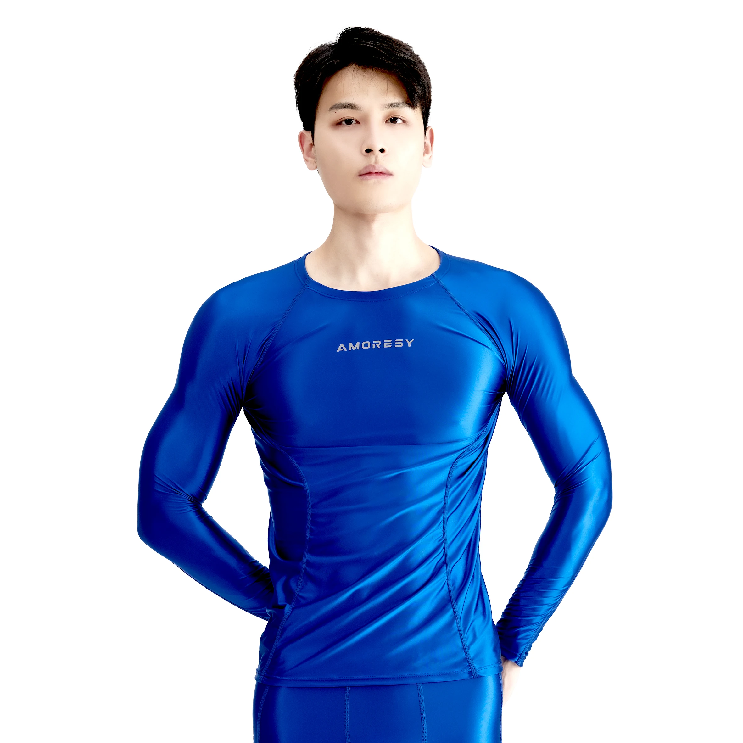 Round neck tight long sleeve T-shirt for men gloss compression sports Fitness spandex