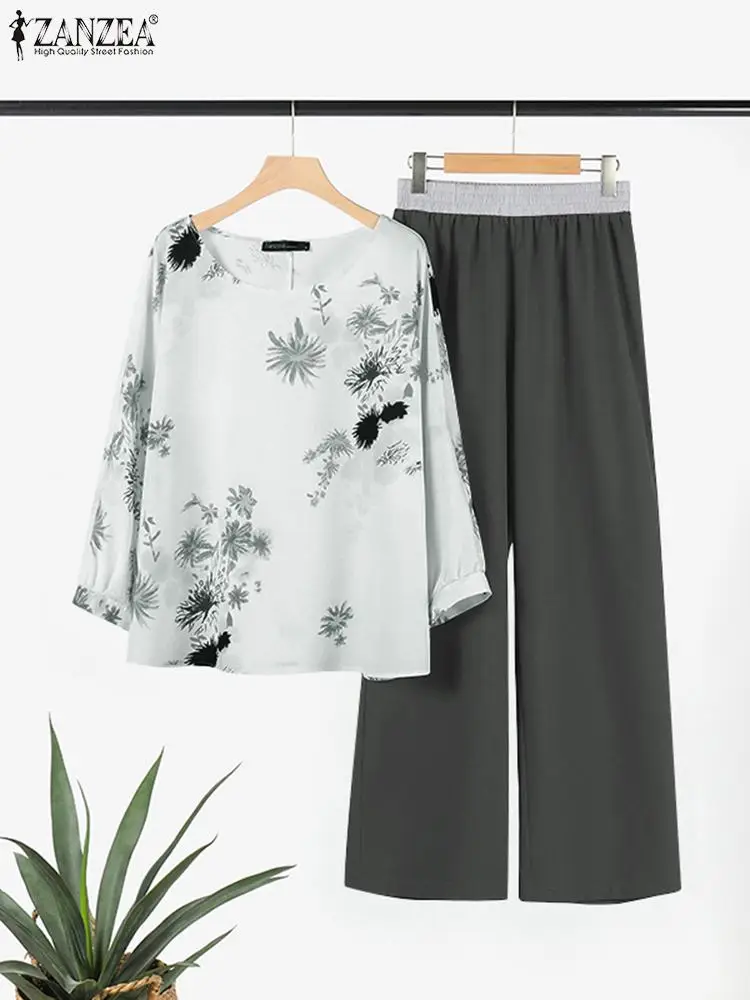 

Весна 2024, спортивный костюм ZANZEA в стиле ретро, женские комплекты из 2 предметов, Модный Топ с длинным рукавом и длинные брюки, повседневные свободные костюмы из 2 предметов с принтом