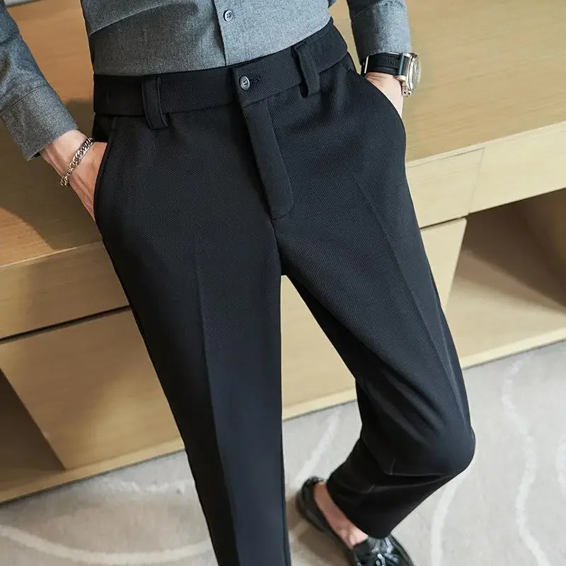 New Winter Korean Style Men's Thick Suit Pants Elastic Waist Business Casual Work Office Slim Fit Warm Trousers Black Khaki