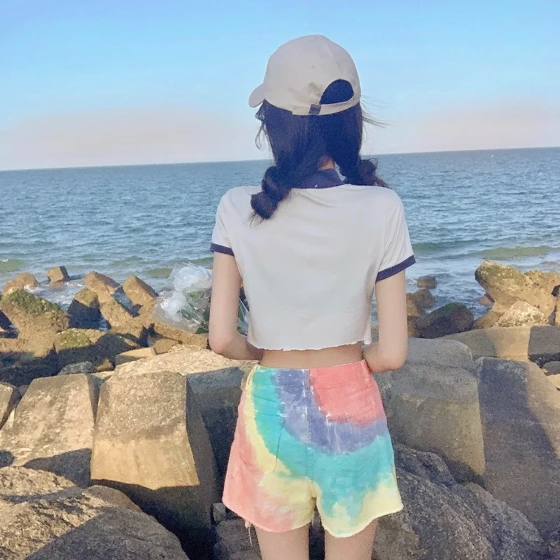 Rainbow Gradient Tie Dyed Denim Shorts Women's Summer New ins Fashion Brand Broken Hole Tassels Show Thin Wide Leg Pants