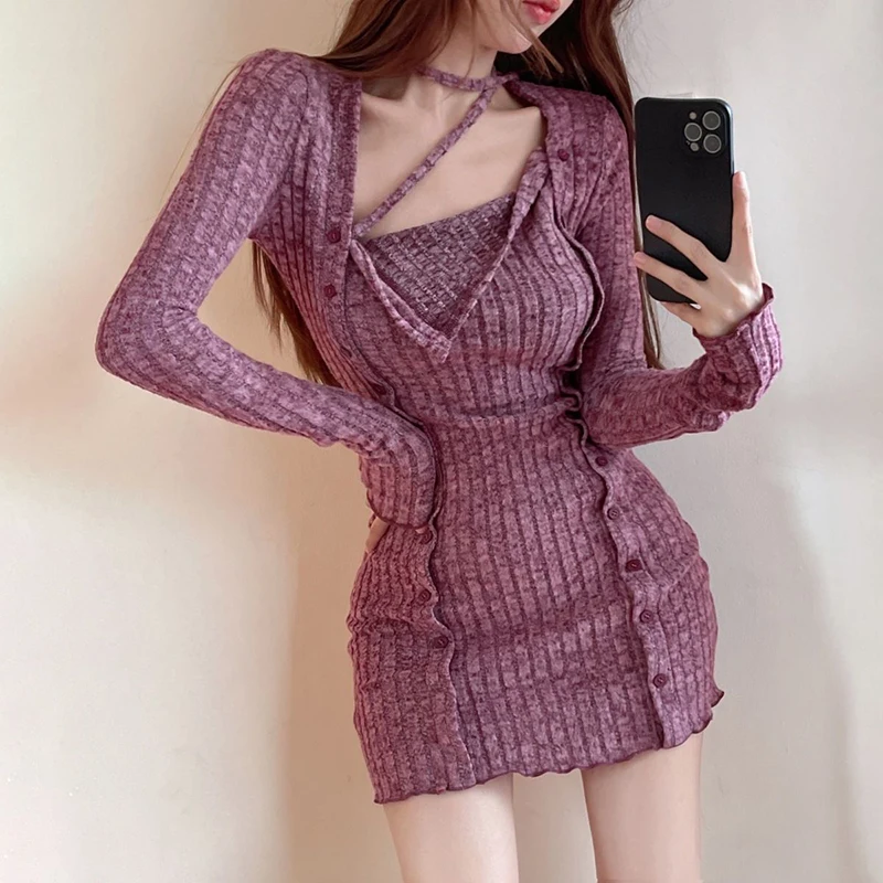 

Biyaby Irregular Knitted Dress for Women 2023 Autumn Sexy Hot Girl Skinny Long Sleeve Dresses Woman Korean Tunic Halter Dress