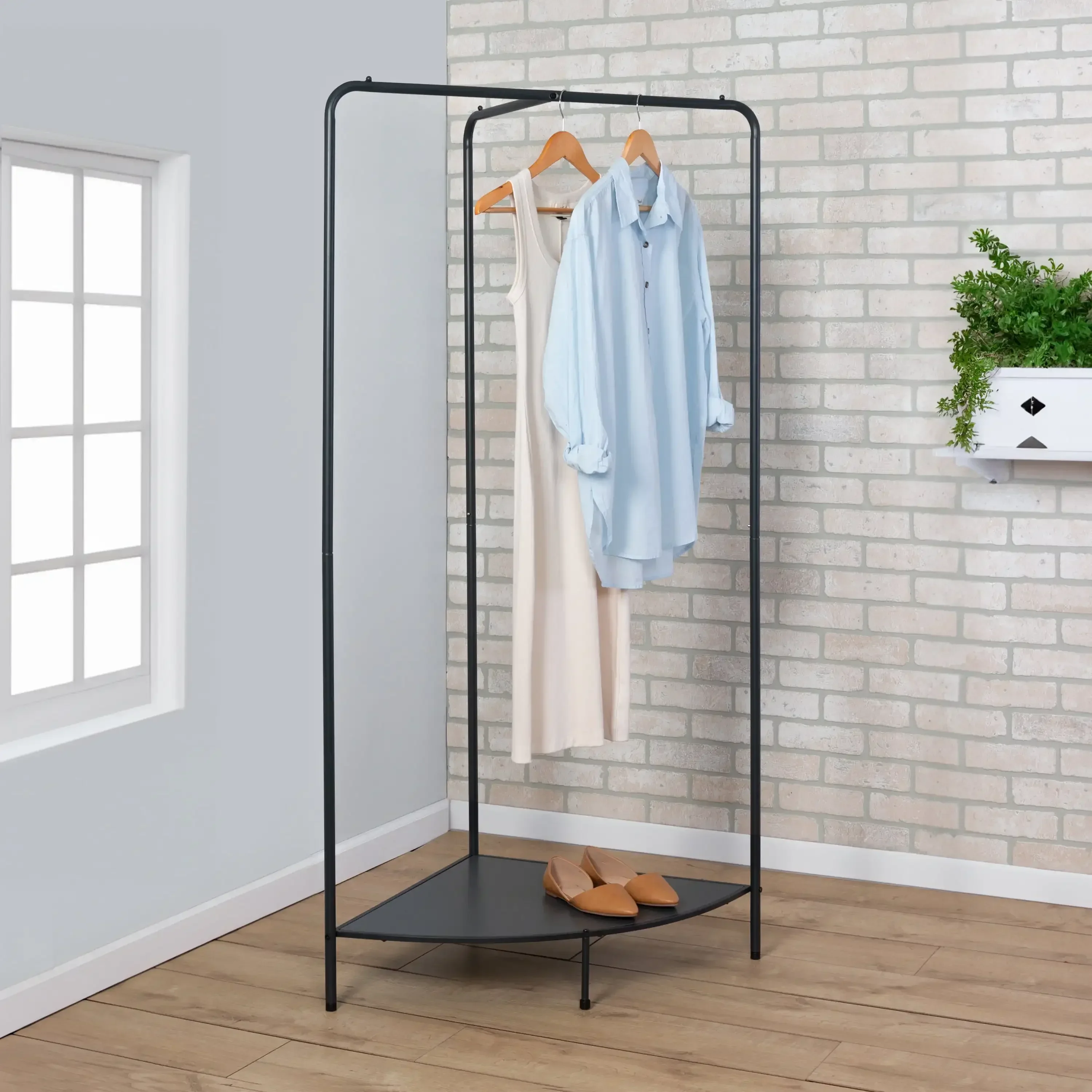 Steel Corner Clothing Rack with Shoe Shelf, Black/Dark Gray