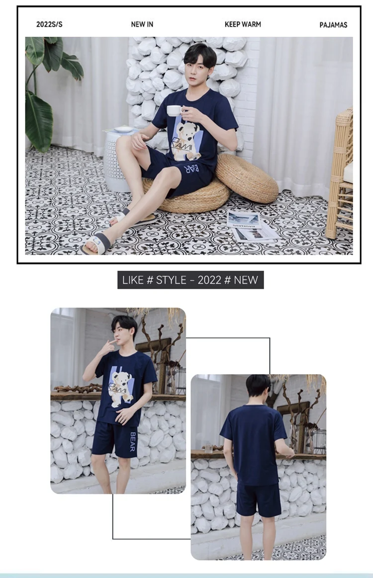 2022 Summer Short Sleeve Cotton Pajama Sets for Men Korean Sleepwear Suit Pyjamas Outwear Male Homewear Lounge Wear Home Clothes mens silk pajamas