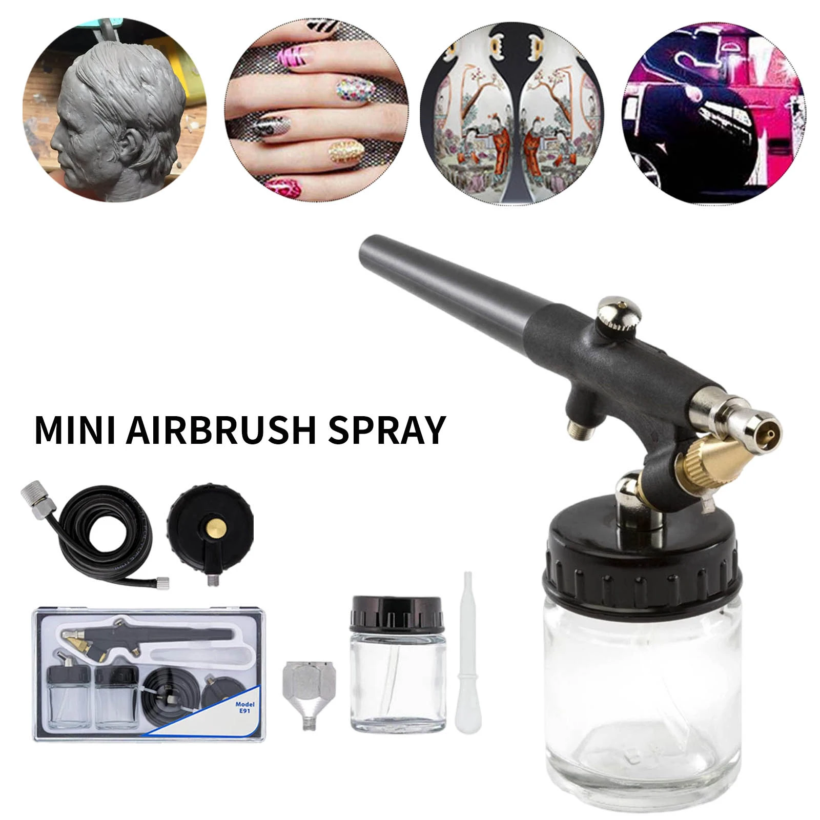 6x Mini Airbrush Spray Gun Kit Hobby Paint Starter Tools Set Single Action 0.8mm 15-50PSI 20CC Black