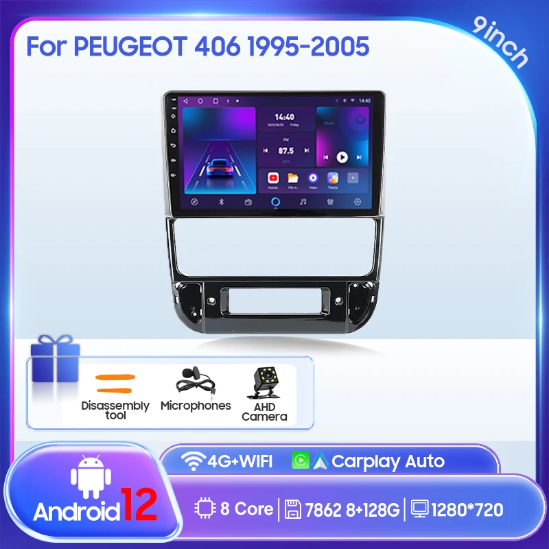 Podofo Radio de Coche para Peugeot 406 1999-2004 Wireless Carplay Android Auto, Radio de Coche con Pantalla táctil IPS de 9 Pulgadas, 8 Core 2 64G, Soporte Bluetooth/WiFi/Mirror Link Cámara Trasera