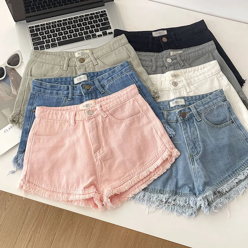 

Summer girls' candy color high waist thin A-line raw fringe denim hot shorts