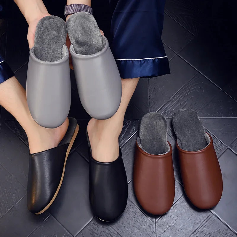 Waterproof Leather Slippers Men Cotton Home Shoes Fashion Winter Warmer Indoor Househ Non-slip Women House Couple Slippers Shoes