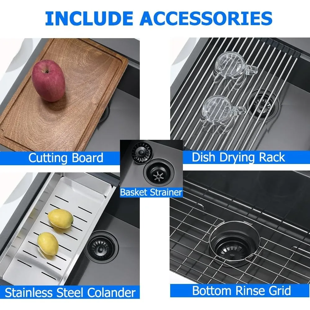 33 Inch Drop in Kitchen Sink, 16 Gauge Black Stainless Steel Sink Workstation Deep Kitchen Sink, Single Bowl Kitchen Sink Basin 6