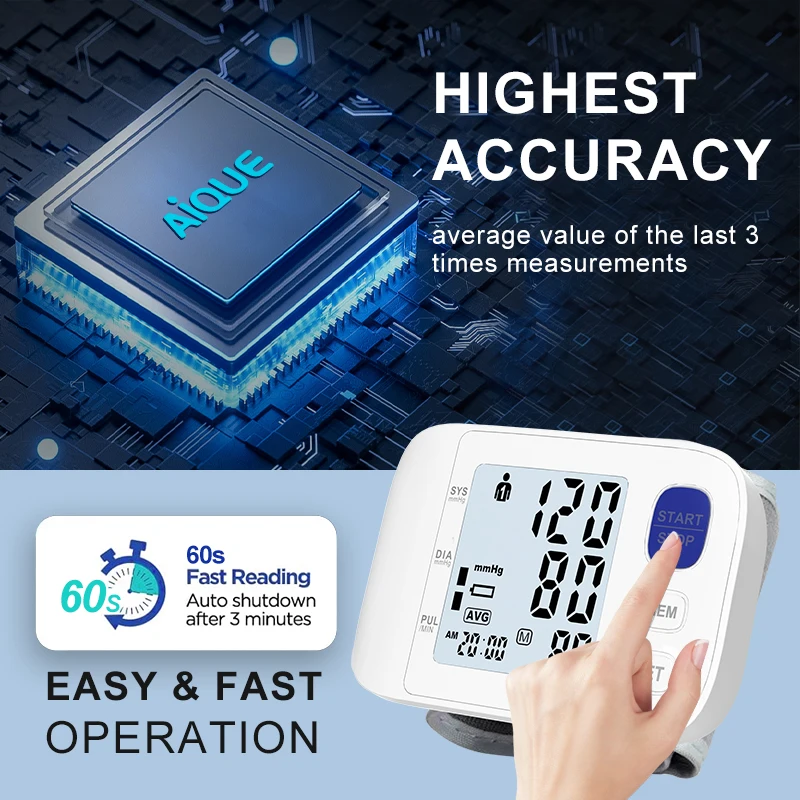 AiQUE Backlit Wrist Blood Pressure Monitor Tonometer Tensiometer Automatic Digital Pulsometer Sphygmomanometer Health Monitor