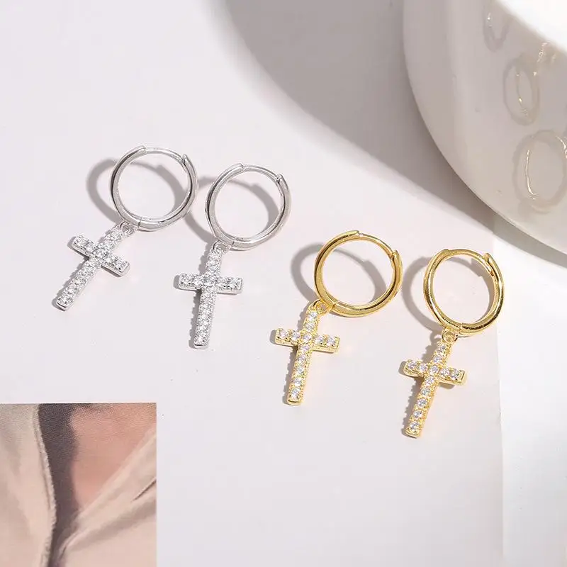 Micro Pave Zircon Stainless Steel Christ Cross Drop Earrings for Men Women Religious Jewelry drop earrings cross earrings