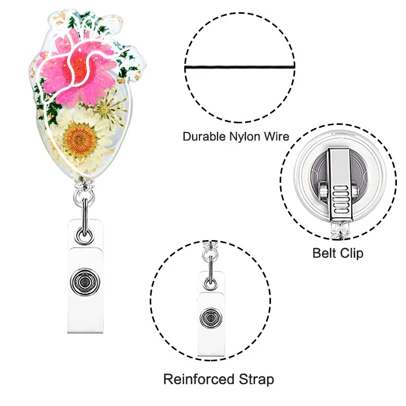 True Flowers Drops Of Glue Heart Nurse Badge Reel Retractable ID Badge Holder With 360 Rotating Alligator Clip Name Holder