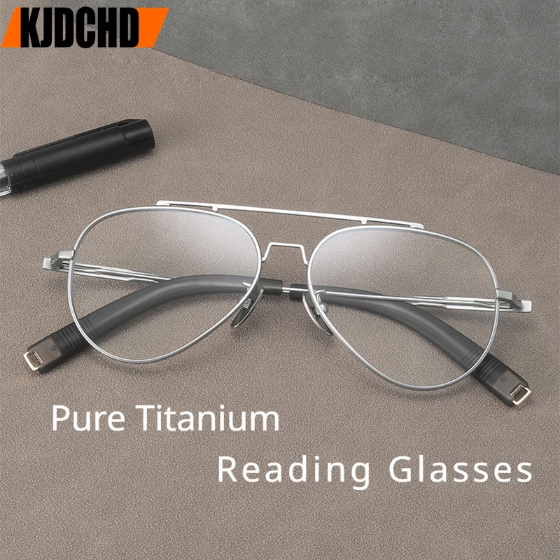 

Vintage Pilot Double Bridge Reading Glasses Pure Titanium Ultra Light Anti Blue Light Eyeglasses Men Big Size Hyperopia Eyeglass