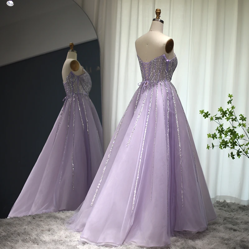 Sharon Said Luxury Dubai Beaded Lilac Evening Dress Elegant Scalloped Arabic Women Formal Prom Dresses for Wedding Party SS247