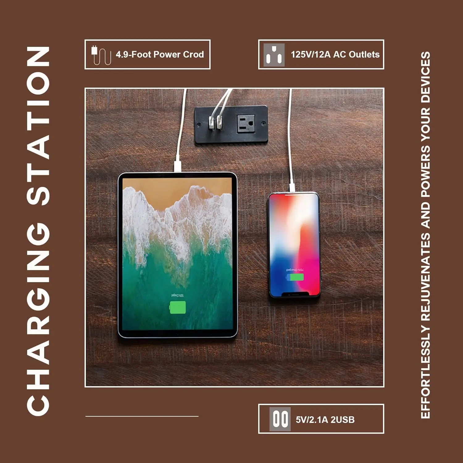 Rustic Wood Nightstand End Table, 20" Brown with Charging Station Farmhouse w/Groove Barn Door Sofa Side Bedside Table w/Open