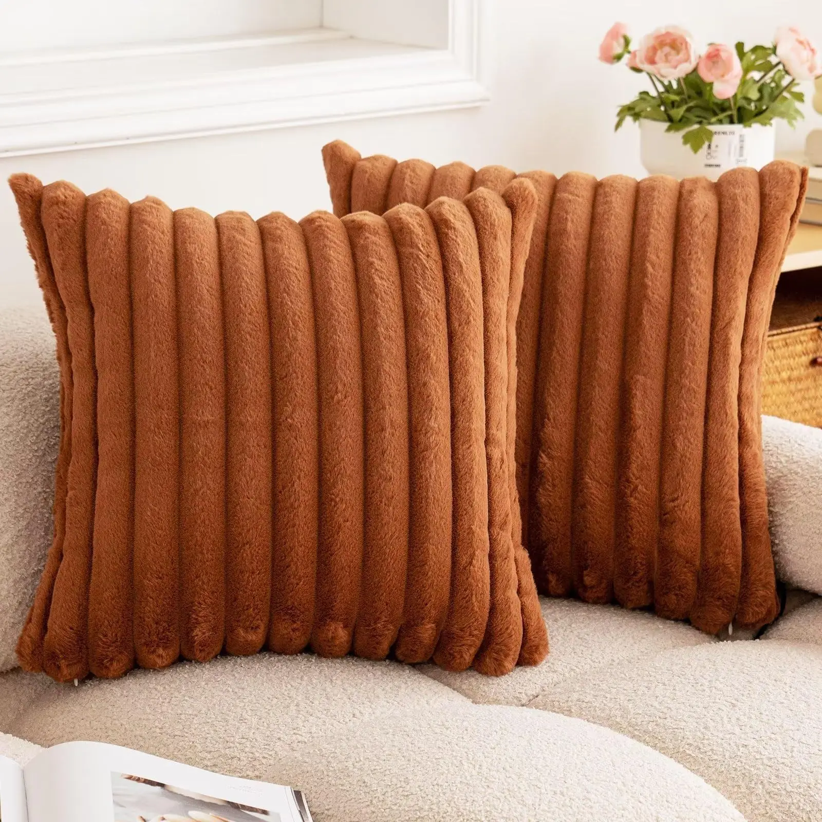 Luxurious Faux Rabbit Fur Striped Cushion Cover – Super Soft Solid Color (24×24 inch)
