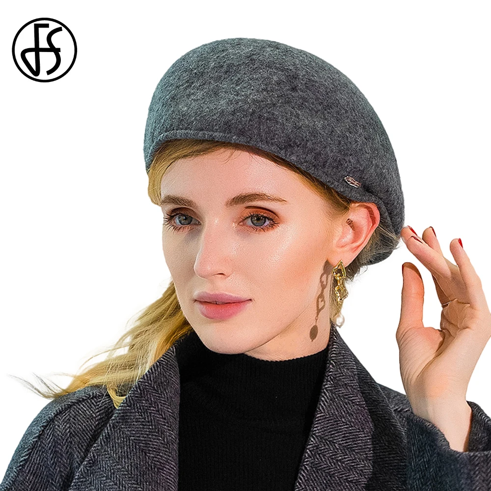 

FS Youth Leisure Berets Sweet Lovely Wool Felt Winter Hats For Women British Elegant Fashion Ladies Church Party Gray Top Cap