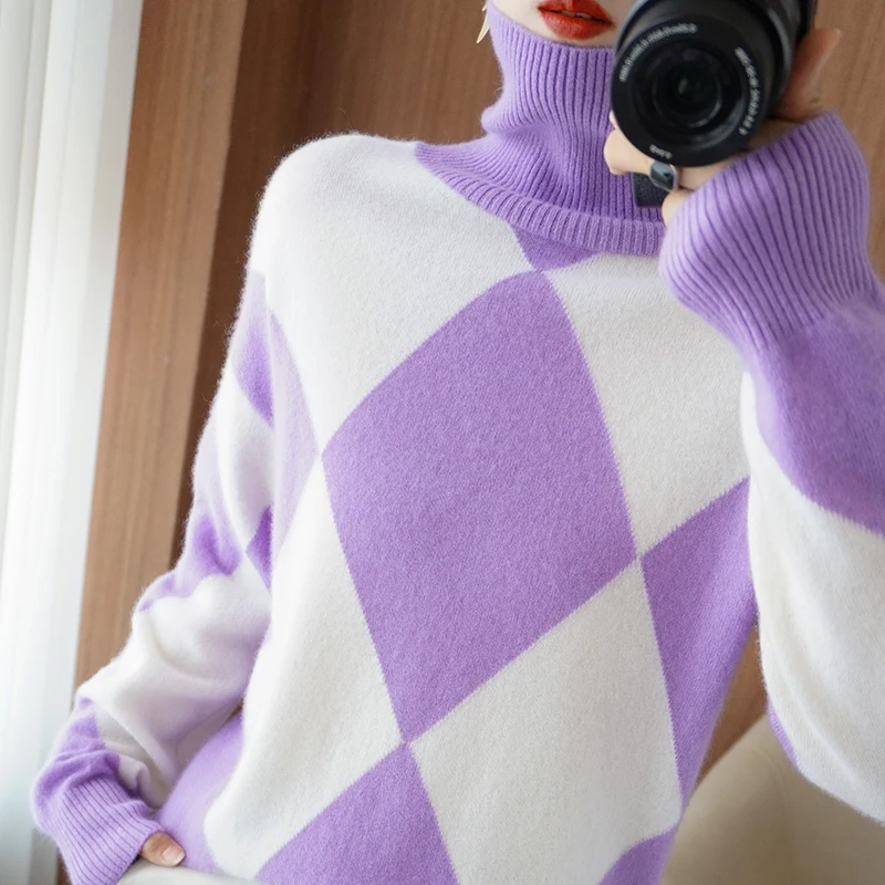 

100% Pure Wool High Collar Cashmere Sweater Women's Fashion Splicing Pullover Top Autumn and Winter Casual Loose Knit Sweater