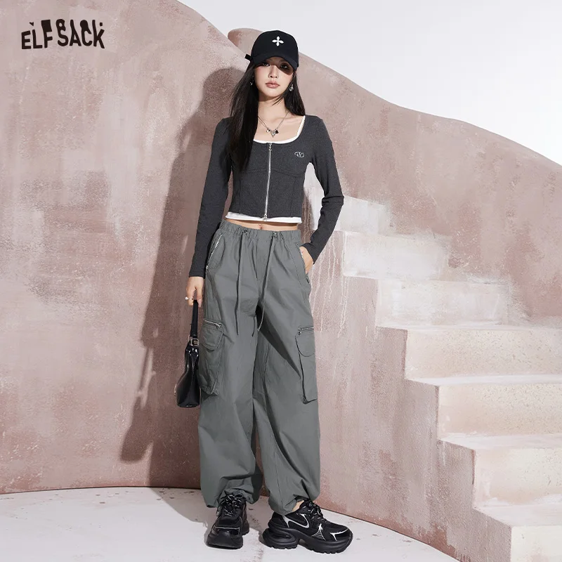 

ELFSACK loose sporty casual office style pants for women 2024 spring long sleeve drawstring straight leg pants