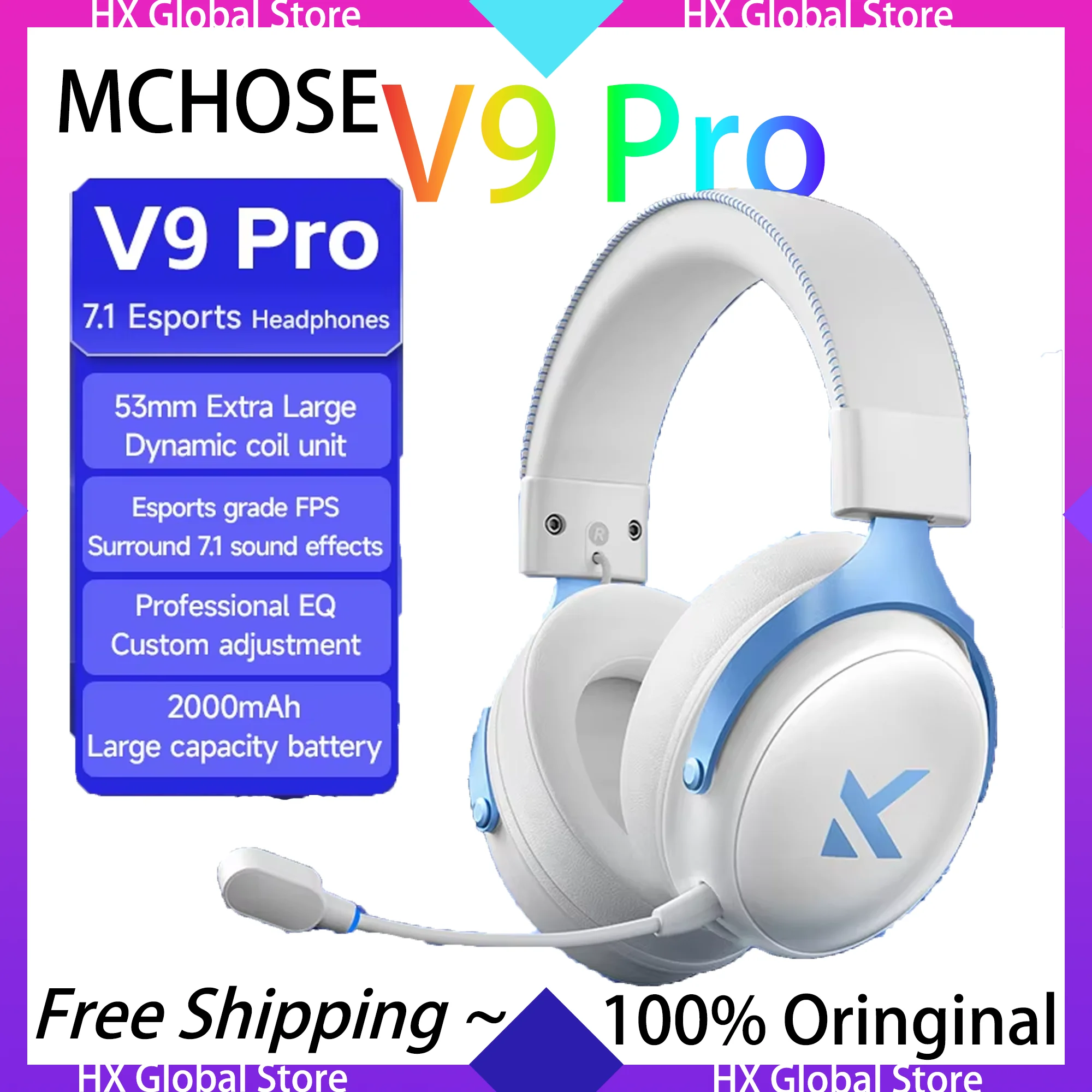 MCHOSE V9 Gaming Headphone V9 Pro 2.4g Wireless Low Latency e-Sport Special 7.1 Channel 2000mAh Long Life Battery ENC Mic 275g