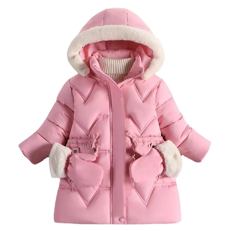 

Girls Coat Fur Hoodies Girls Coats Outerwear Solid Color Childrens' Jacket Winter Children's Clothing 2 4 6 8 Years with Gloves