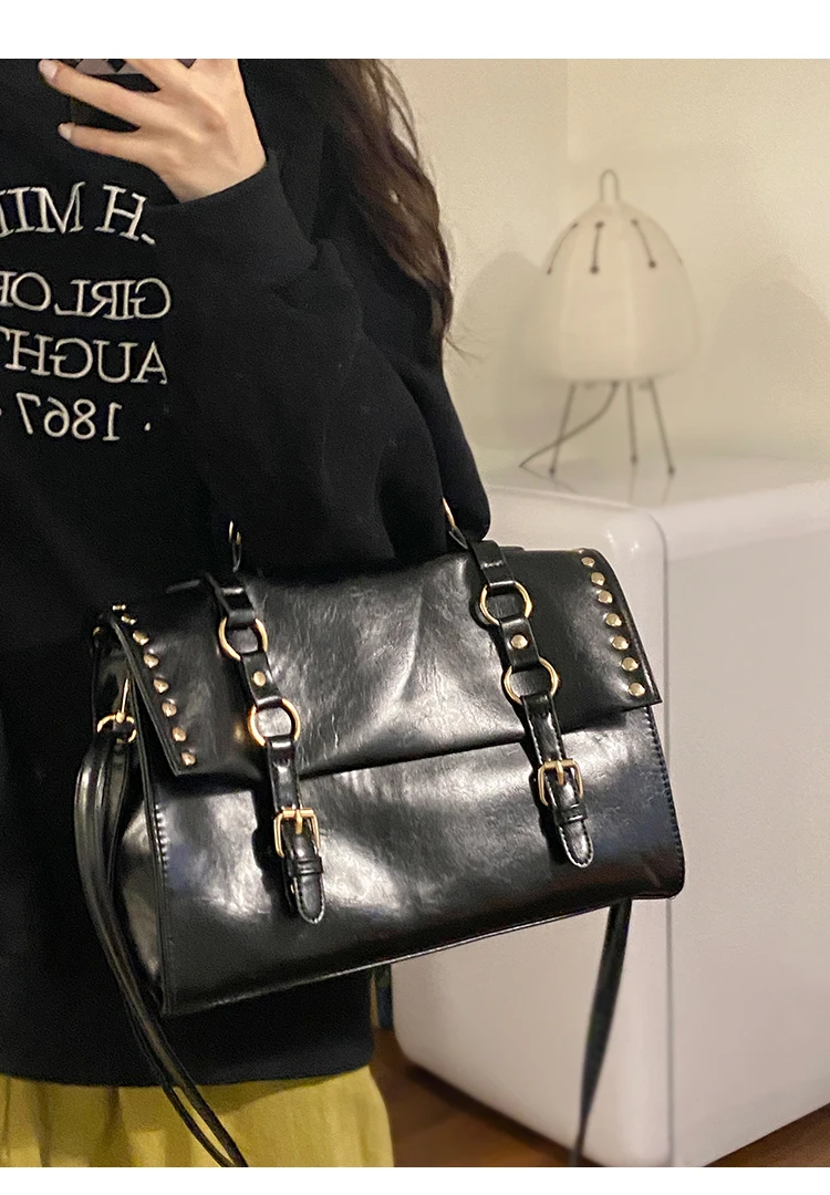 JIAERDI Y2k Grunge Brown Messenger Bag Women Rivet Chic Large Capacity Crossbody Bag Ladies Retro Luxury Designer Handbag 2025