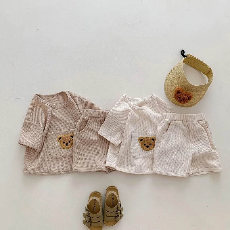 

0-3Years Baby Boy Girl Clothes Waffle Pattern Short Sleeve Bear T-shirt Top+Shorts Bottom 2PCS Outfit Fashion Kids Tracksuit Set