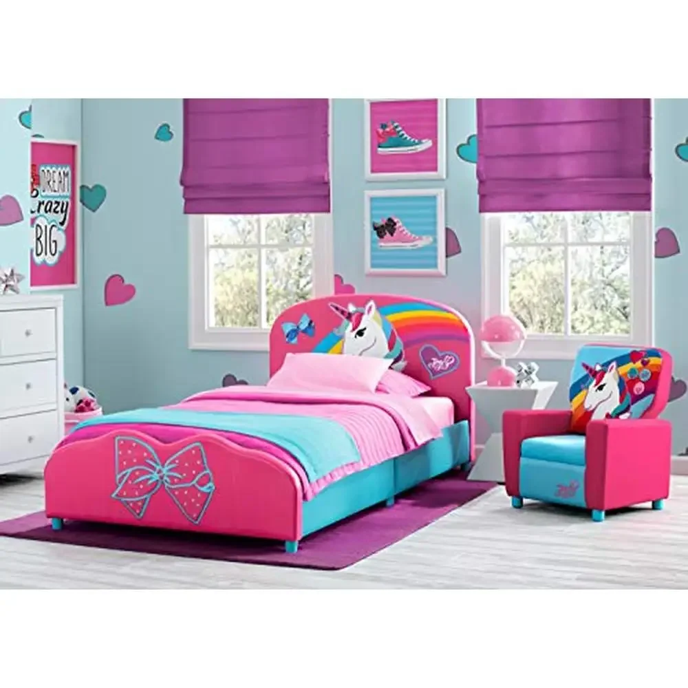 Upholstered Twin Bed JoJo Siwa 350lb Capacity Wood Frame Easy Assembly 3D Applique Detailing Twin Size Without Box Spring Needed 4