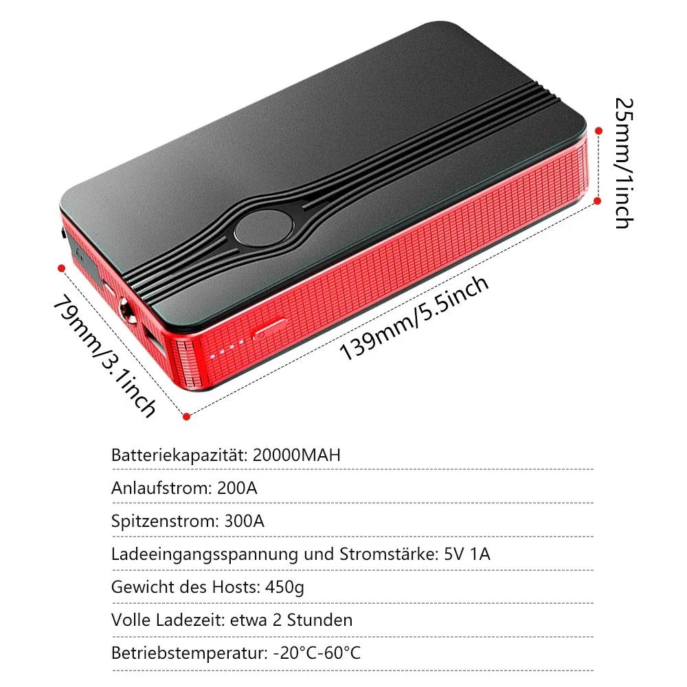 Portable car jump starter multi-function 20000mAh power bank booster 12V battery emergency charger petrol diesel starting device