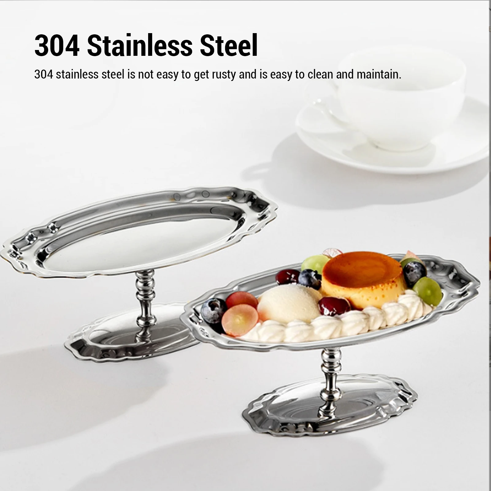 Footed Dessert Stand Footed Dessert Serving Tray 304 Stainless Steel Oval Footed Display Serving Plate for Ice Cream Salad Fruit
