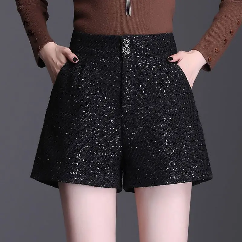 Women's High Waist Solid Button Pockets Casual Sequined Wide Leg Pants Spring and Autumn Office Lady Fashion Loose Wooien Shorts