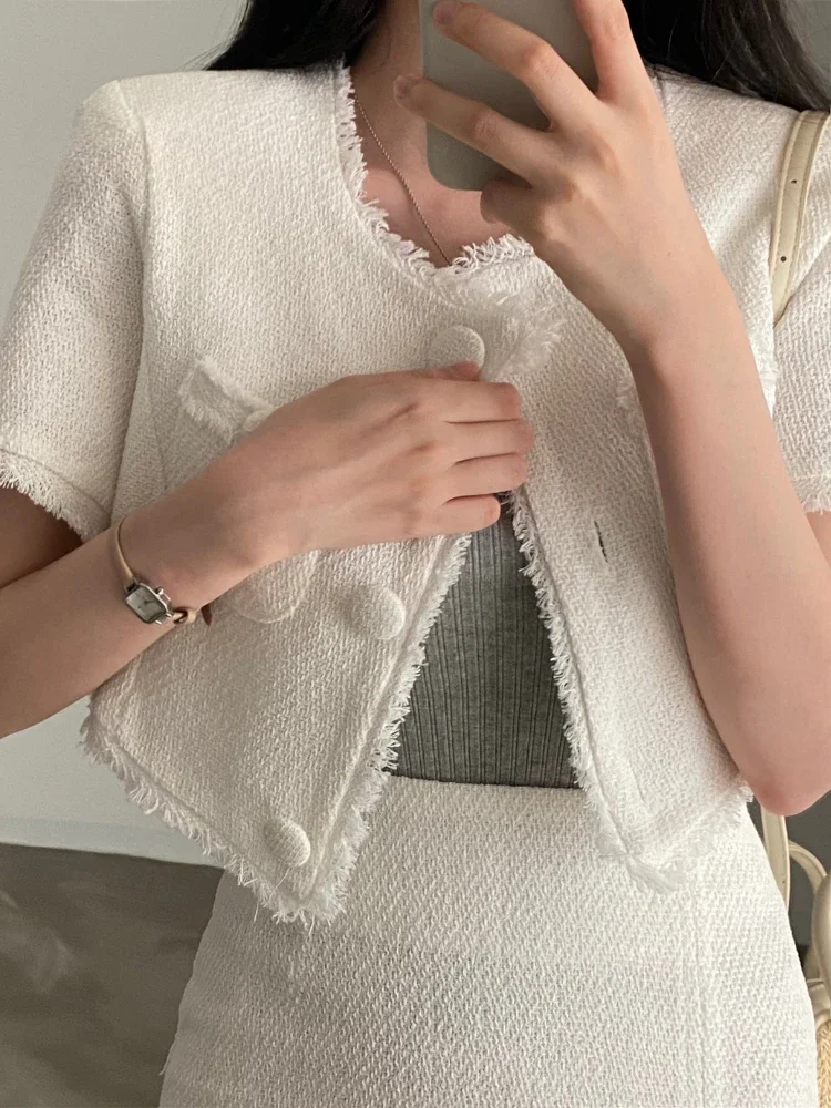 NewKorean Summer Tweed 2 Two Piece Set Women Outfits Short Sleeve Jacket Crop Top + High Waist Bodycon Mini Skirt Ensemble Femme