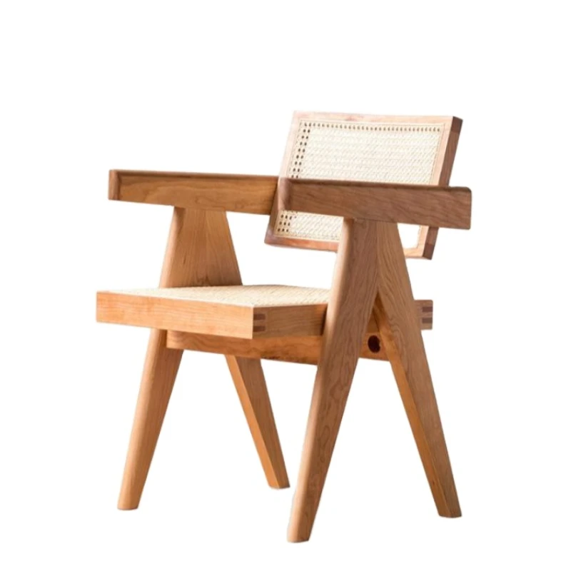 

Simple household solid wood rattan backrest short arm chair