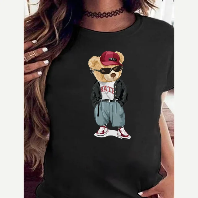 Fashion Bear Print Women T-Shirt Harajuku Round Neck Casual Loose Short Sleeve Summer Slim Soft Tops Clothing Hip Hop Streetwear 3bear017