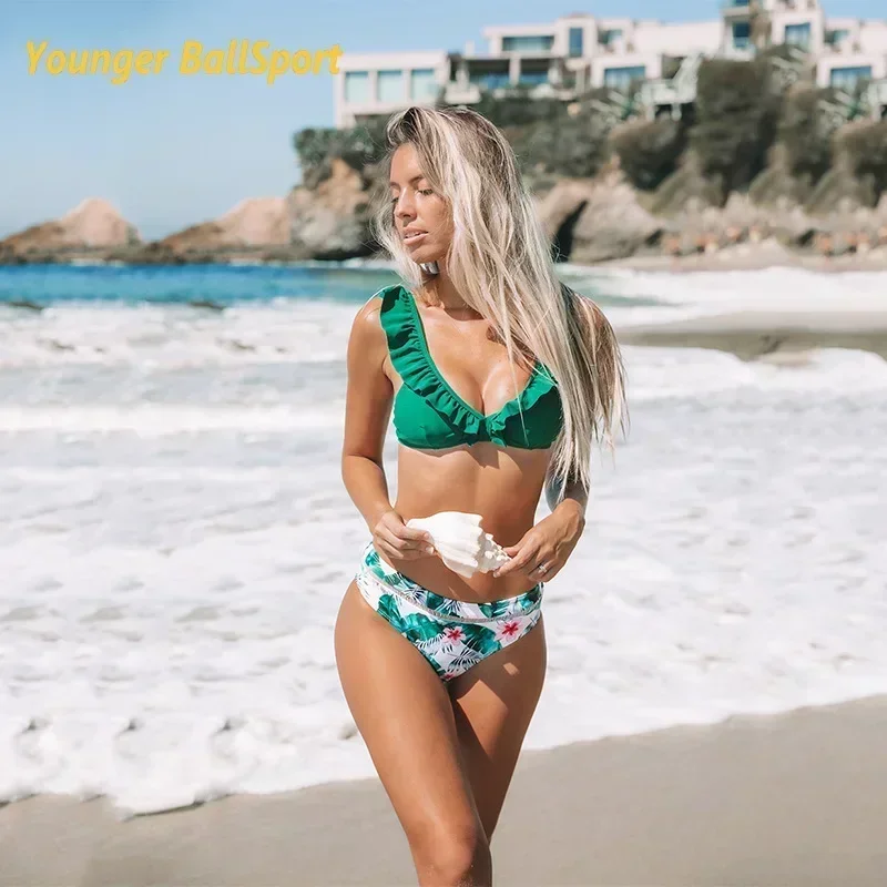 

2024 Sexy Ruffle Bukini Backless Swimwear Women Dot Print Bikini Set Bathing Suit Summer Floral Beachwear Maillot De Bain Femme