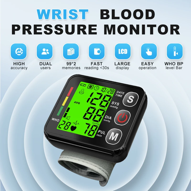 Backlit LCD Wrist blood pressure monitor 3Colors Digital Sphygmomanometer Heart Rate Arrhythmia Pulse BP Monitor