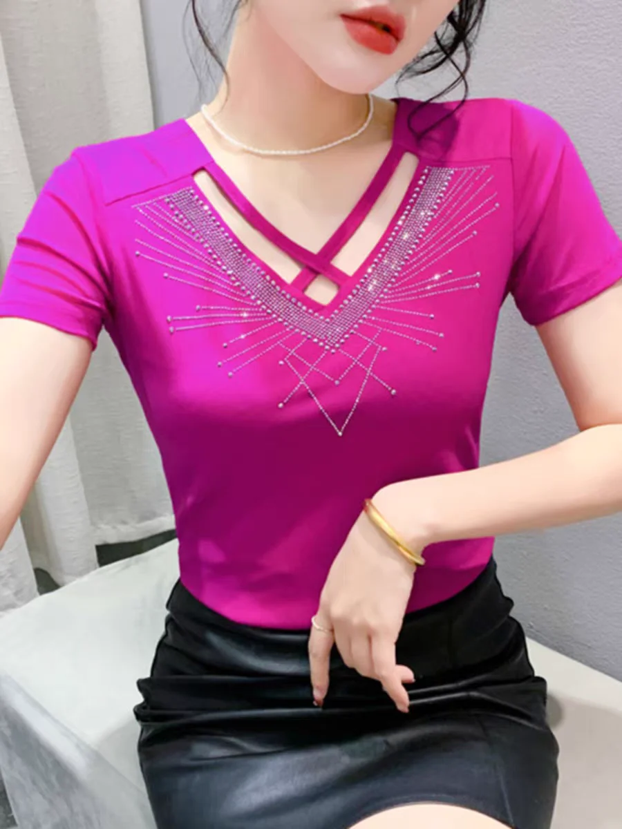 

2024 Summer New Fashion Mesh T Shirt Female Short Sleeve Diamonds Cross Bandage V Neck Slim Tshirts Tops BH6167