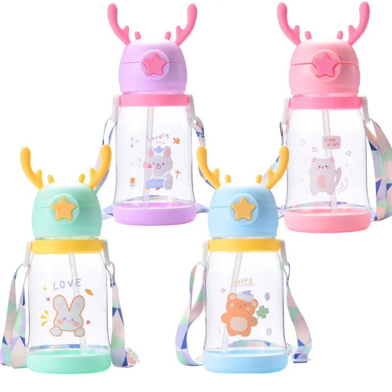 

600ML Antler Water Bottle Children Bounce Straw Drinkware Cartoon Cute Travel Sports Outdoor Strap Water Kawaii Cup Waterbottle