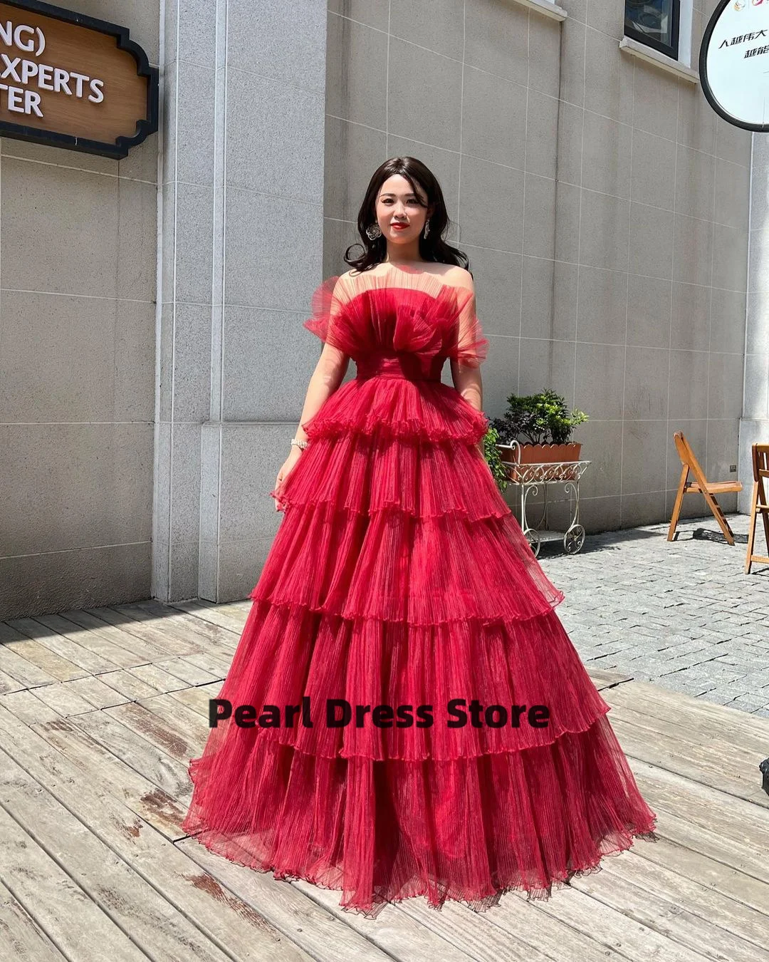 

Vintage strapless red evening dress with sleeves layered skirt and floor length Arab formal party ball dress gown
