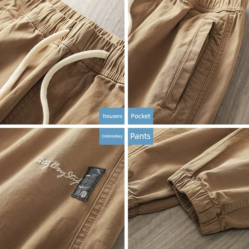 American Style WorkWear Men's Autumn Cotton HigH Street Trendy Brand Patchwork Cropped Pants, EmbroidErEd Leggings, Casual Pants