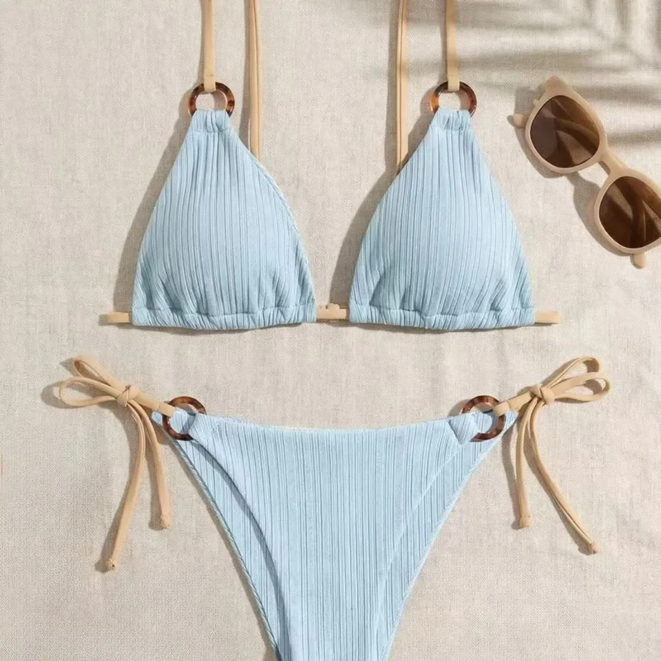 Women's Padded Three-point Bikini Set Solid Color Spaghetti Strap Hoop Sexy Swimsuit Two-piece Swimwear WirelBathing Suit 1