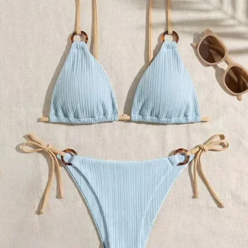 Women's Padded Three-point Bikini Set Solid Color Spaghetti Strap Hoop Sexy Swimsuit Two-piece Swimwear WirelBathing Suit 1
