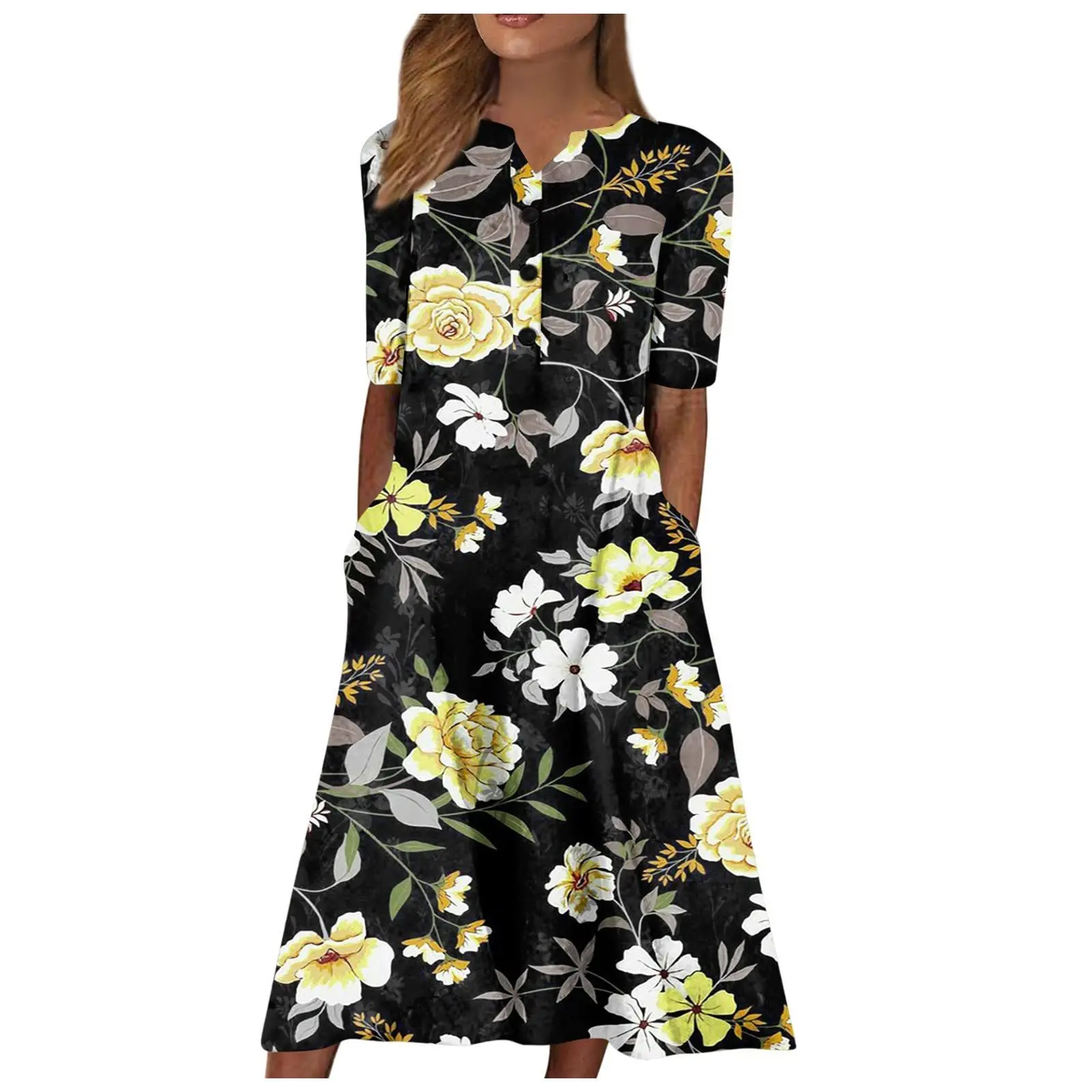 Floral Print V Neck Short Sleeve Knee Length Dress for Women