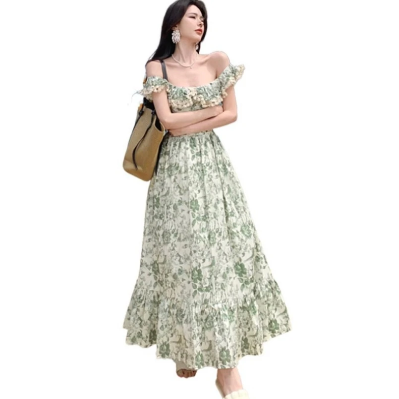 

Summer Cotton Tassels Lotus Leaf Collar Sexy Slash Neck Fresh Print Elegant Long Dress Ruffles Slim Chic Holiday Style Vestidos