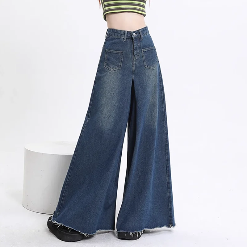 

Women's Wide Leg Denim Pants, High Waist Jeans, Elegant Design Sense, Rust Loose Flare Pants, Long Skirt, Spring, Summer, New