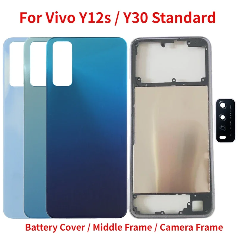 

Новая задняя крышка для стандартного аккумулятора BBK Vivo Y12s Y30, задняя крышка корпуса телефона с объективом камеры + средняя рамка + боковые ключи