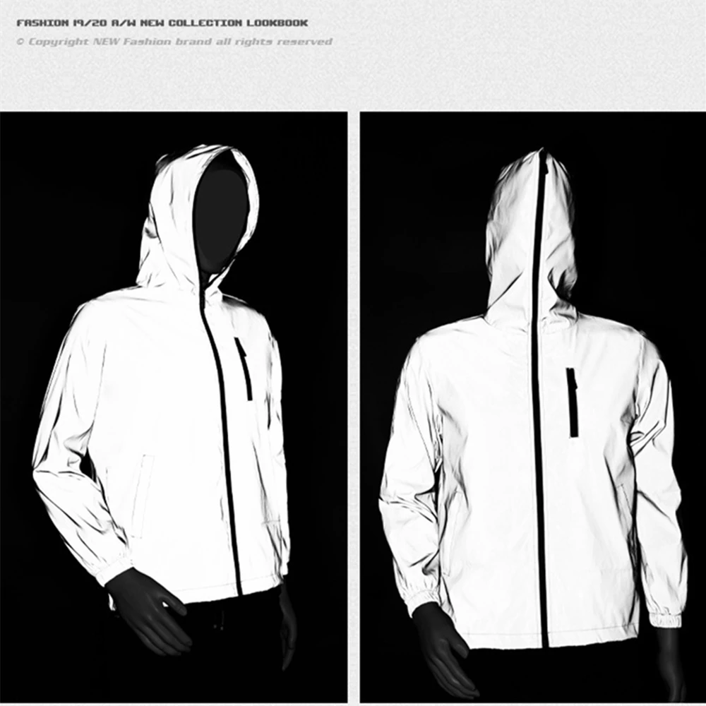 Men's Jacket Hooded Full Reflective Jacket Casual Women Windbreaker Hip Hop Coat Waterproof Streetwear Night Shiny Jackets