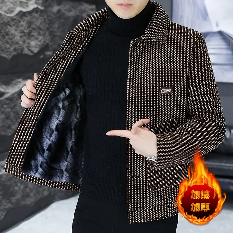 

High-quality Golden Mink Velvet Woolen Jackets Men Slim Fit Lapel Short Trench Coat Thickened Warm Casual Business Overcoat 2023