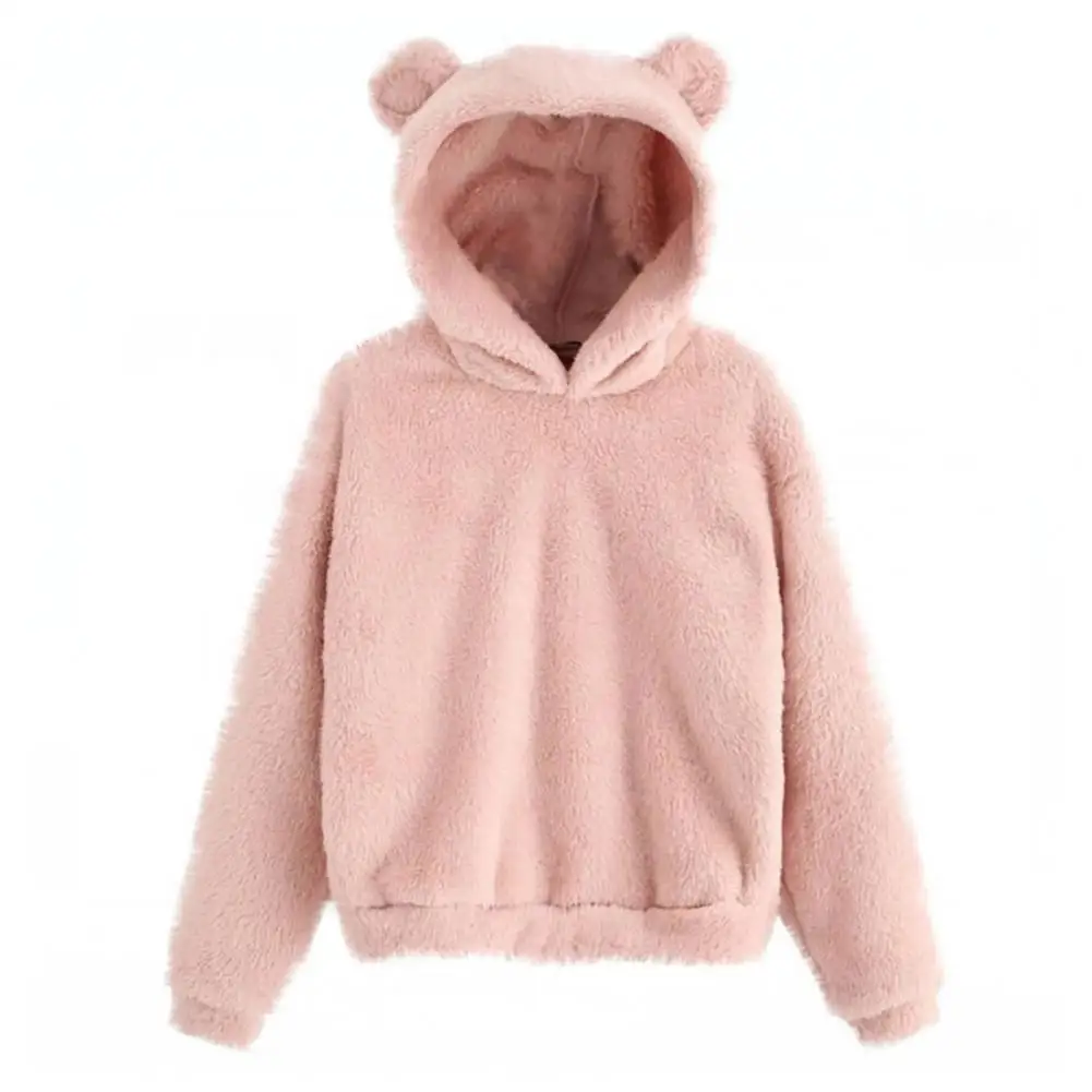

Women Winter Hoodie Solid Color Plush Thick Hooded Cozy Keep Warm Soft Plus Size Ears Decor Lady Hoodie for Daily Wear Sudaderas