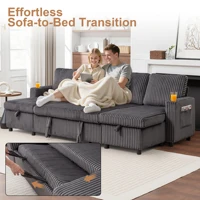 102" Plush Corduroy Sleeper Sofa Bed with Storage Chaise Sectional Couch,Pull Out U Shaped Bed with USB Ports for Living Room 4