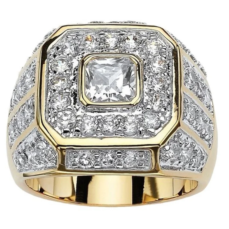 Zirconia Gold-Plated Ring Wins Men's Championship Hip Hop Jewelry Ring Size 7-13